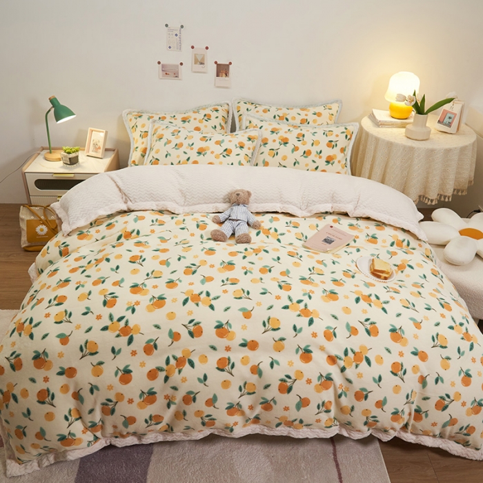 91家纺网 家纺一手货源 找家纺 全季家居 2023新款纯色印花抗静电大包边牛奶绒贝贝绒单被套 甜桔