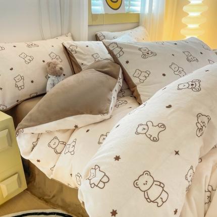 梦柏家纺 2023新款高克重牛奶绒印花四件套 可爱熊