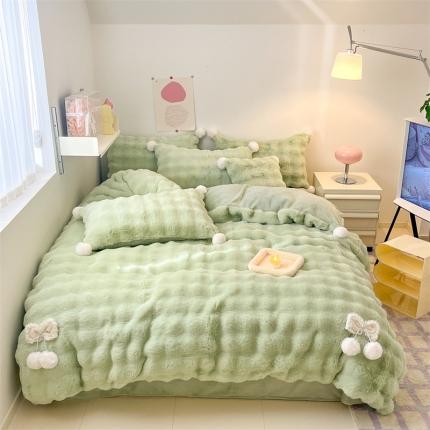 91家纺网 家纺一手货源 找家纺 婳庭家居  2023新款泡泡糖兔绒系列四件套 泡泡糖-绿
