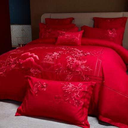 尹黛尔 婚庆四件套大红色刺绣可配多件套床单款床盖款 花好月圆本色