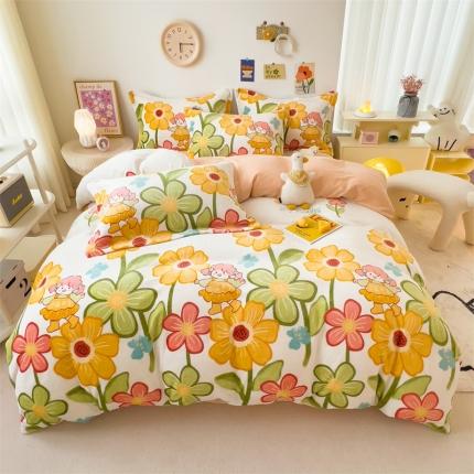 91家纺网 家纺一手货源 找家纺 兄弟坊 2023新款牛奶绒印花四件套 花粉女孩