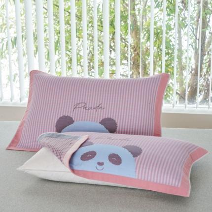 91家纺网 家纺一手货源 找家纺 棠薇2023新款加厚八层纯棉纱布枕巾一对装小清新小格子系列全棉枕头盖巾 呆萌熊猫浅粉52*78±2cm