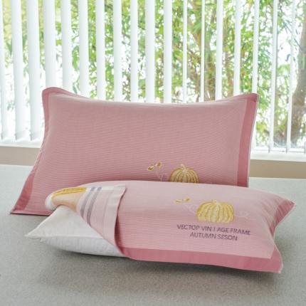 91家纺网 家纺一手货源 找家纺 棠薇2023新款加厚八层纯棉纱布枕巾一对装小清新小格子系列全棉枕头盖巾 秋日南瓜浅粉52*78±2cm