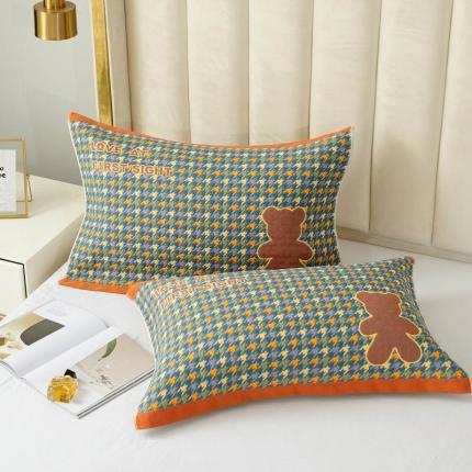 91家纺网 家纺一手货源 找家纺 朴尔 2023全棉四层纱布色织提花宽边时尚枕巾 千鸟小熊-蓝