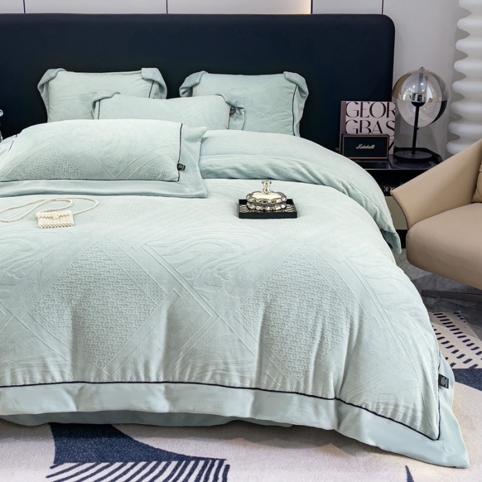 91家纺网 家纺一手货源 找家纺 2025新款牛奶绒雕花四件套-苏黎 蓝色