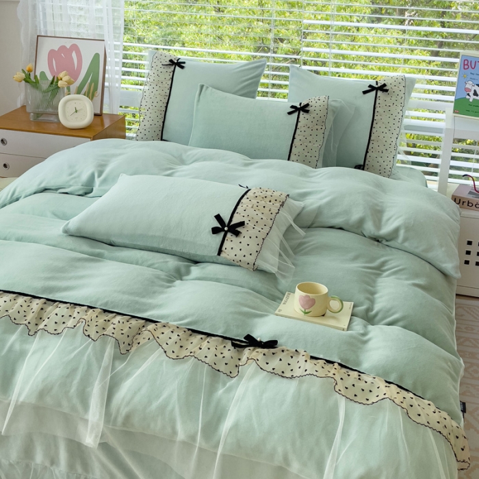 91家纺网 家纺一手货源 找家纺 2025新款牛奶绒拼纱四件套-洛可可 水绿