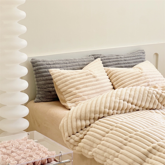 91家纺网 家纺一手货源 找家纺 安莱生活 2023新款秋冬皮草兔毛四件套 奶茶色