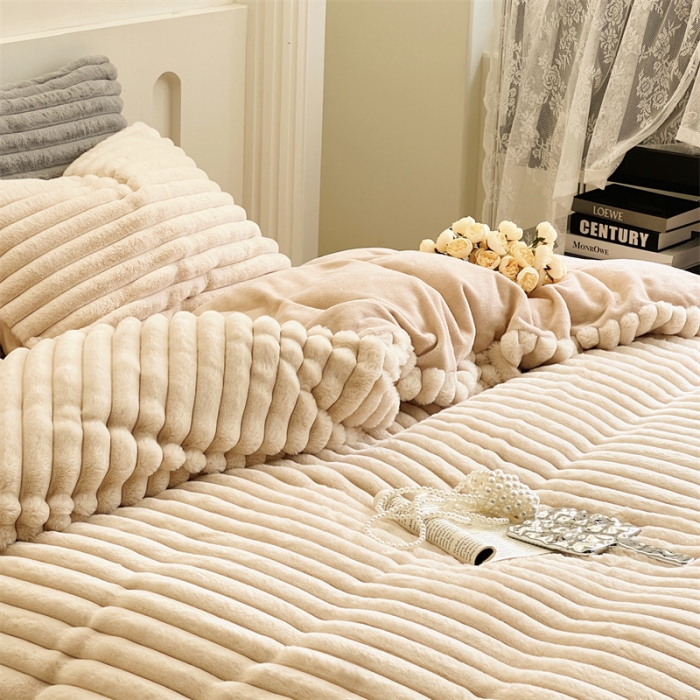 91家纺网 家纺一手货源 找家纺 安莱生活 2023新款秋冬皮草兔毛四件套 奶茶色