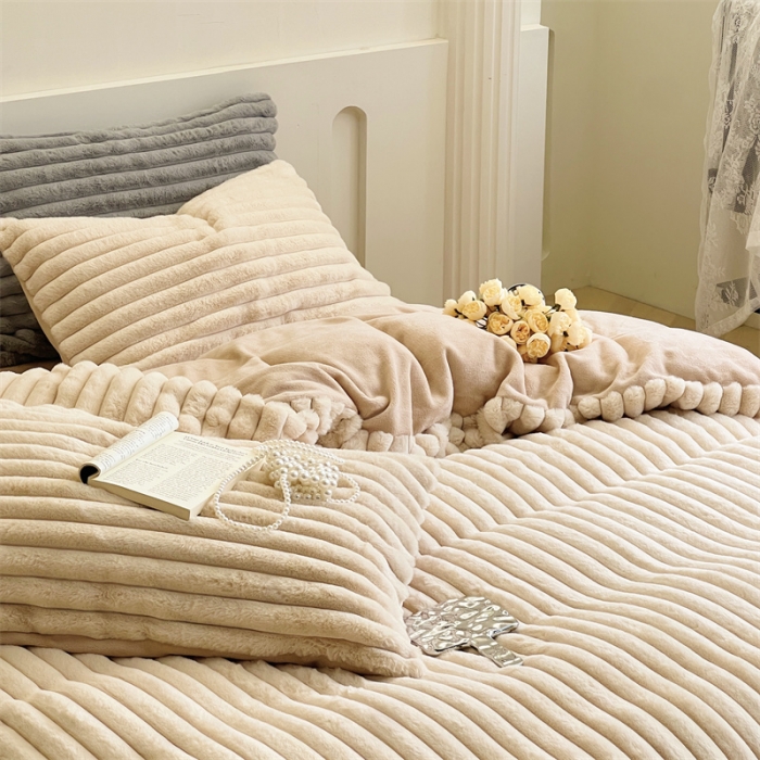 91家纺网 家纺一手货源 找家纺 安莱生活 2023新款秋冬皮草兔毛四件套 奶茶色