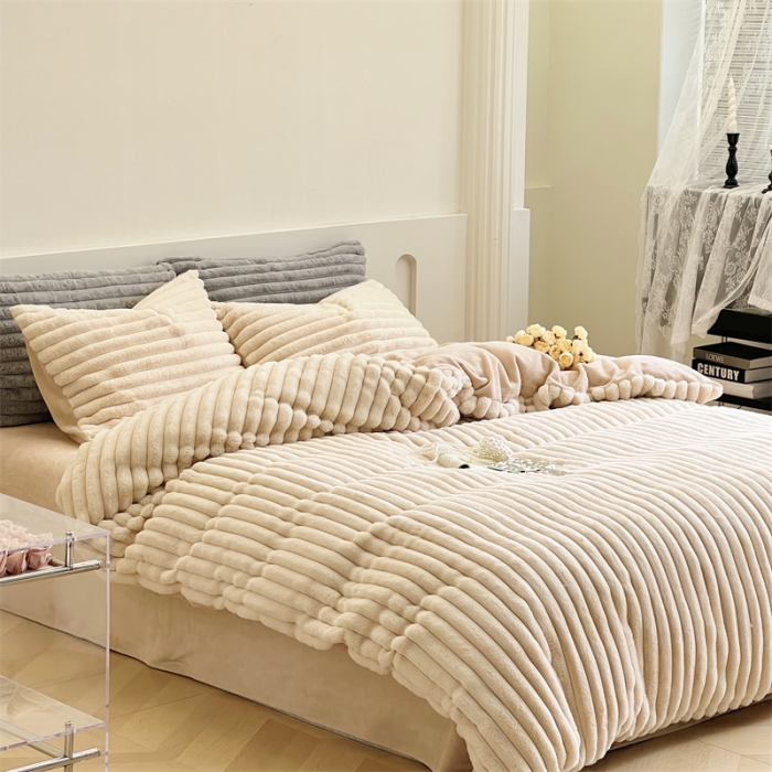 91家纺网 家纺一手货源 找家纺 安莱生活 2023新款秋冬皮草兔毛四件套 奶茶色