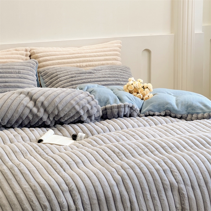 91家纺网 家纺一手货源 找家纺 安莱生活 2023新款秋冬皮草兔毛四件套 高级灰