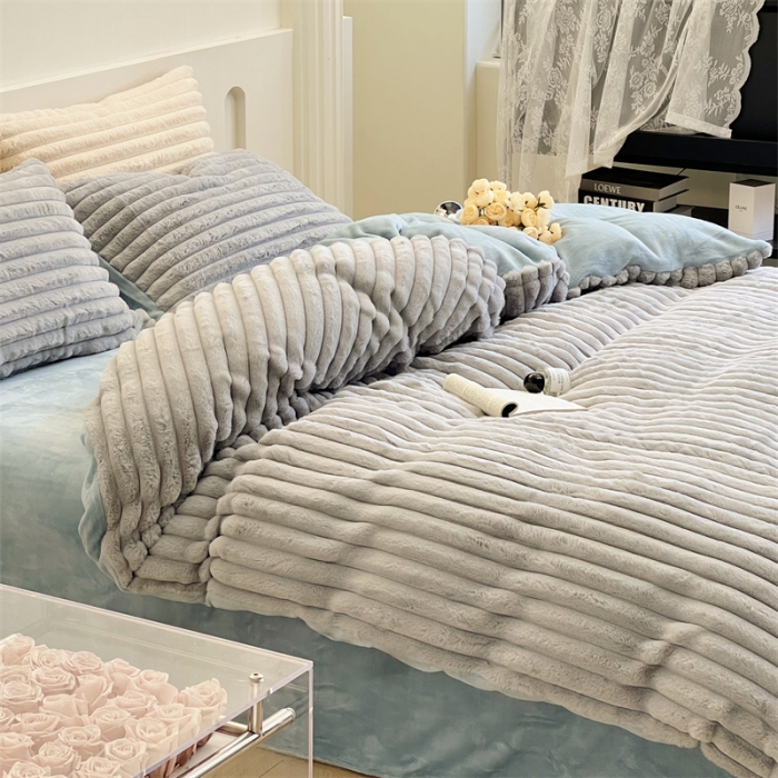 91家纺网 家纺一手货源 找家纺 安莱生活 2023新款秋冬皮草兔毛四件套 高级灰