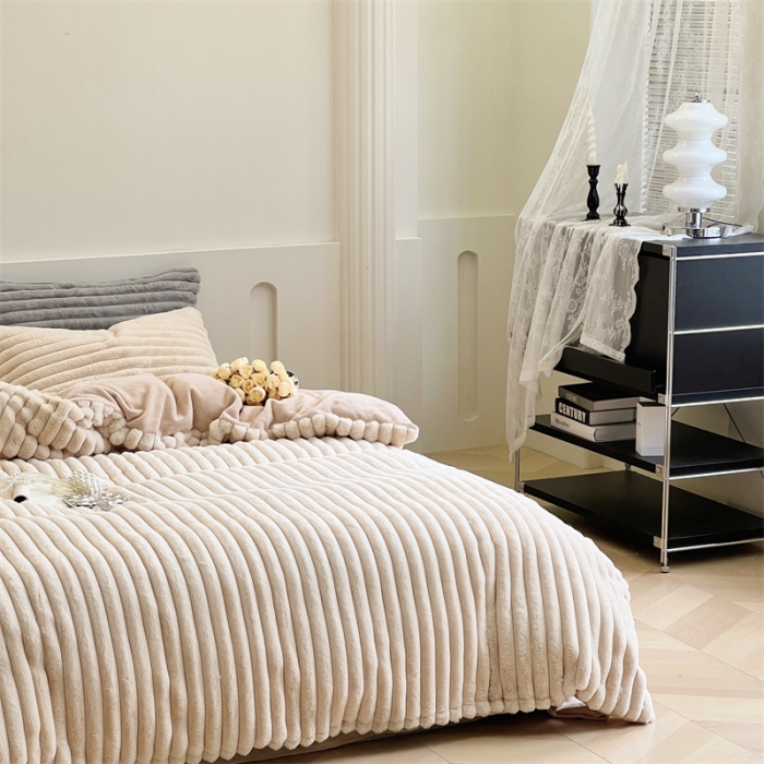 91家纺网 家纺一手货源 找家纺 安莱生活 2023新款秋冬皮草兔毛四件套 奶茶色