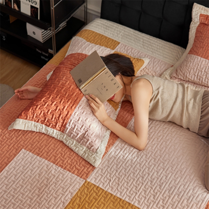 91家纺网 家纺一手货源 找家纺 安莱生活 2023新款原创多功能创意拼块水晶绒荷兰绒天鹅绒毯床盖系列 拼块橘