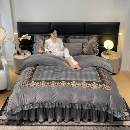 91家纺网 家纺一手货源 找家纺 忘忧草 2023新款婴儿绒夹棉床裙四件套-爱莎 高级灰