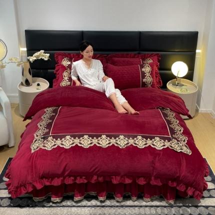 91家纺网 家纺一手货源 找家纺 忘忧草 2023新款婴儿绒夹棉床裙四件套-爱莎 酒红