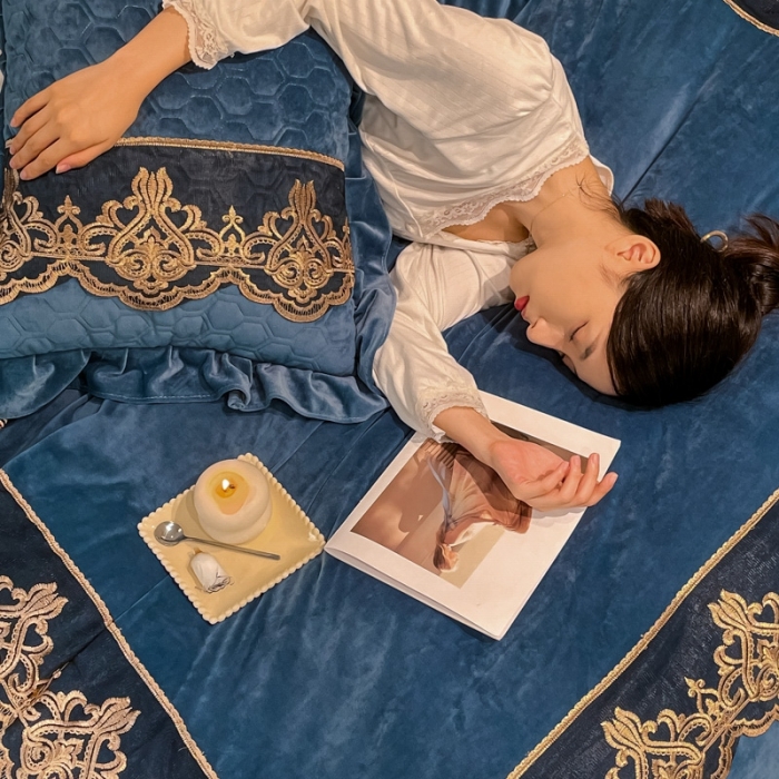 91家纺网 家纺一手货源 找家纺 忘忧草 2023新款婴儿绒夹棉床裙四件套-爱莎 宾利蓝