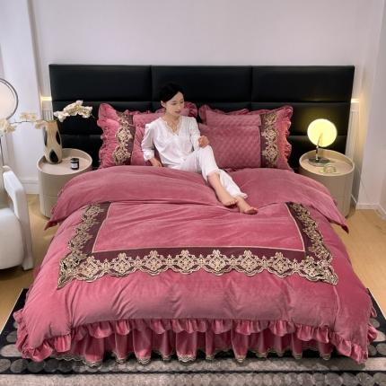 忘忧草 2023新款婴儿绒夹棉床裙四件套-爱莎 豆沙红