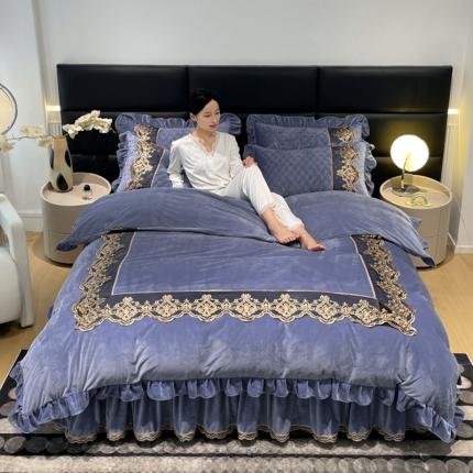 忘忧草 2023新款婴儿绒夹棉床裙四件套-爱莎 蓝灰