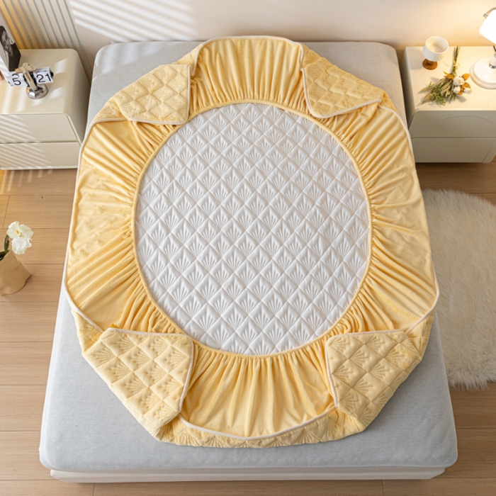 91家纺网 家纺一手货源 找家纺 鑫钰 2023秋冬年新款高克重牛奶绒夹棉床笠床罩席梦思保护套 烟花-淡雅黄