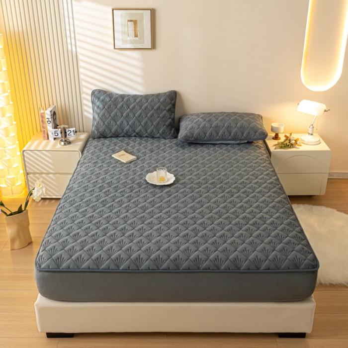 91家纺网 家纺一手货源 找家纺 鑫钰 2023秋冬年新款高克重牛奶绒夹棉床笠床罩席梦思保护套 烟花-雅致灰