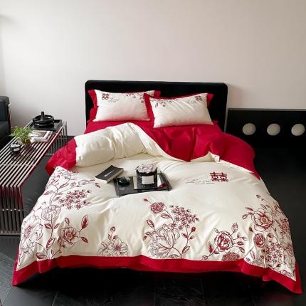 用心 2023新款长绒棉提花高端刺绣家居婚庆四件套 夜庭之喜