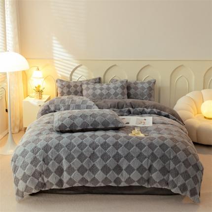 91家纺网 家纺一手货源 找家纺 慕色 2023新款兔毛绒泰迪绒四件套棋盘格绒系列 棋盘格-高级灰