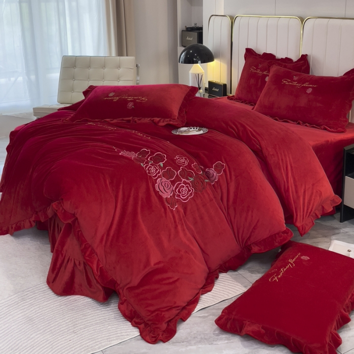 91家纺网 家纺一手货源 找家纺 金米诺 2024新款婴儿绒韩版床单绣花四件套 大红