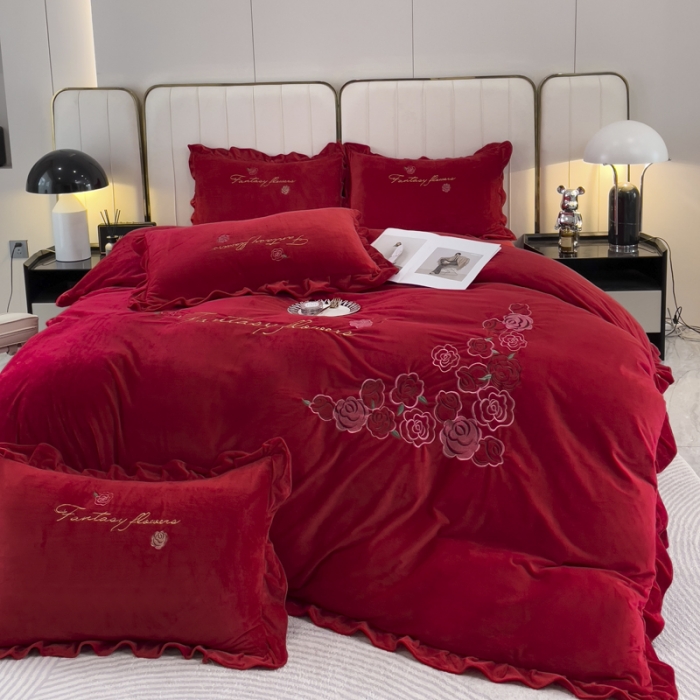 91家纺网 家纺一手货源 找家纺 金米诺 2024新款婴儿绒韩版床单绣花四件套 大红