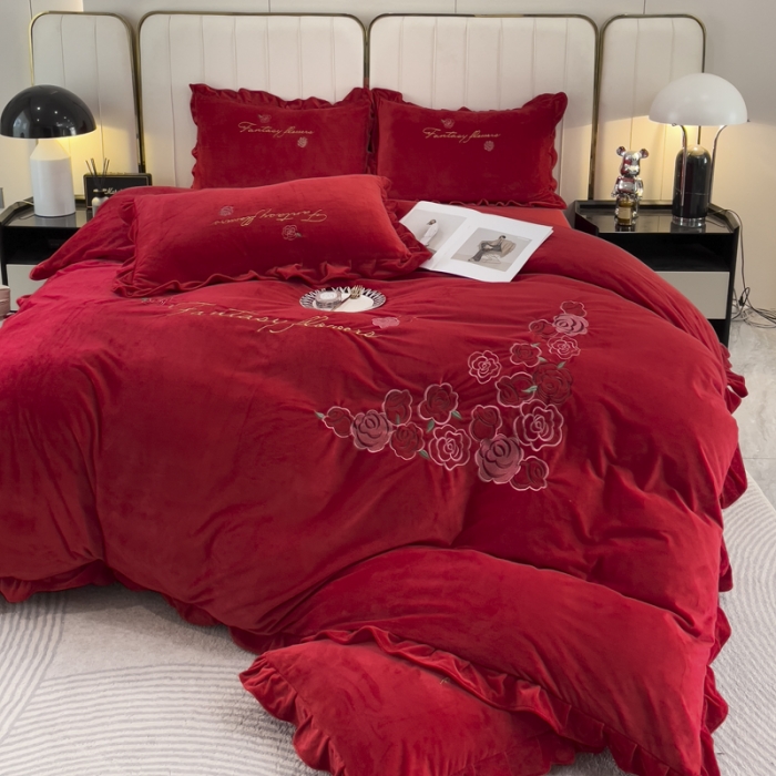 91家纺网 家纺一手货源 找家纺 金米诺 2024新款婴儿绒韩版床单绣花四件套 大红