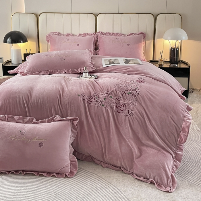 91家纺网 家纺一手货源 找家纺 金米诺 2024新款婴儿绒韩版床单绣花四件套 豆沙