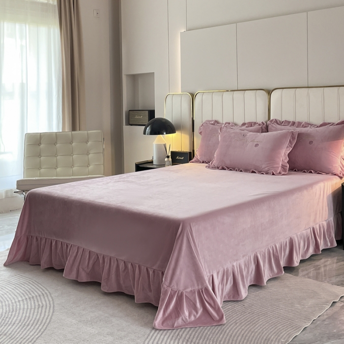 91家纺网 家纺一手货源 找家纺 金米诺 2024新款婴儿绒韩版床单绣花四件套 豆沙