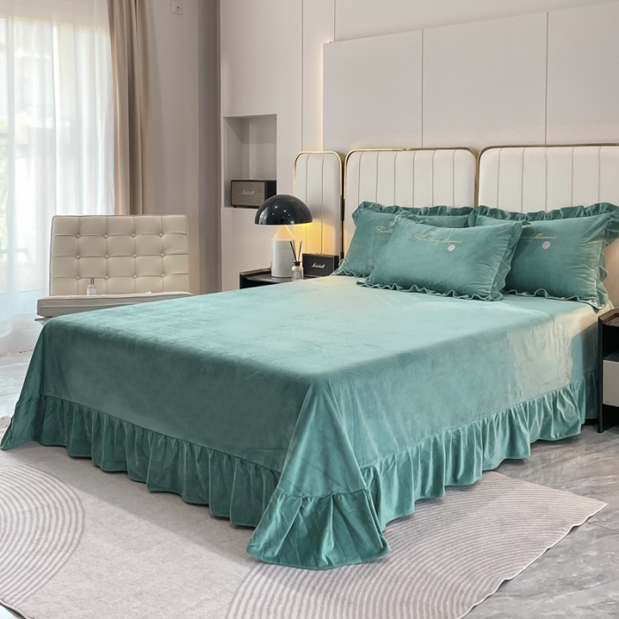 91家纺网 家纺一手货源 找家纺 金米诺 2024新款婴儿绒韩版床单绣花四件套 翡翠绿