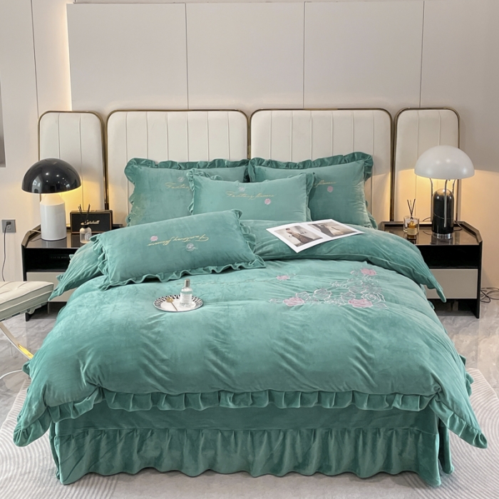 91家纺网 家纺一手货源 找家纺 金米诺 2024新款婴儿绒韩版床单绣花四件套 翡翠绿