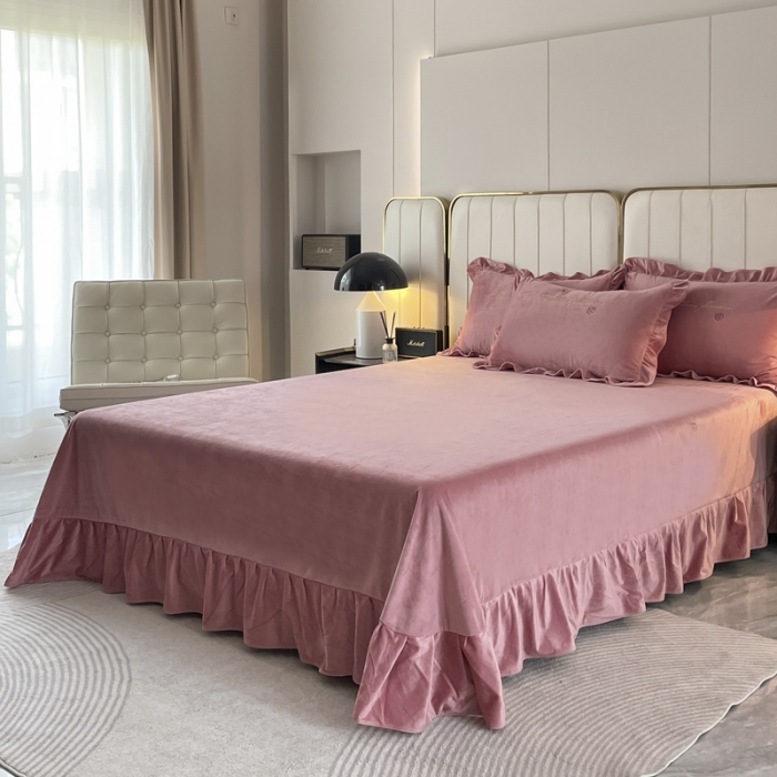 91家纺网 家纺一手货源 找家纺 金米诺 2024新款婴儿绒韩版床单绣花四件套 粉玉