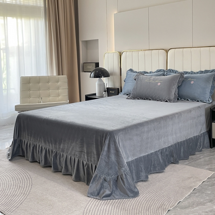 91家纺网 家纺一手货源 找家纺 金米诺 2024新款婴儿绒韩版床单绣花四件套 灰色