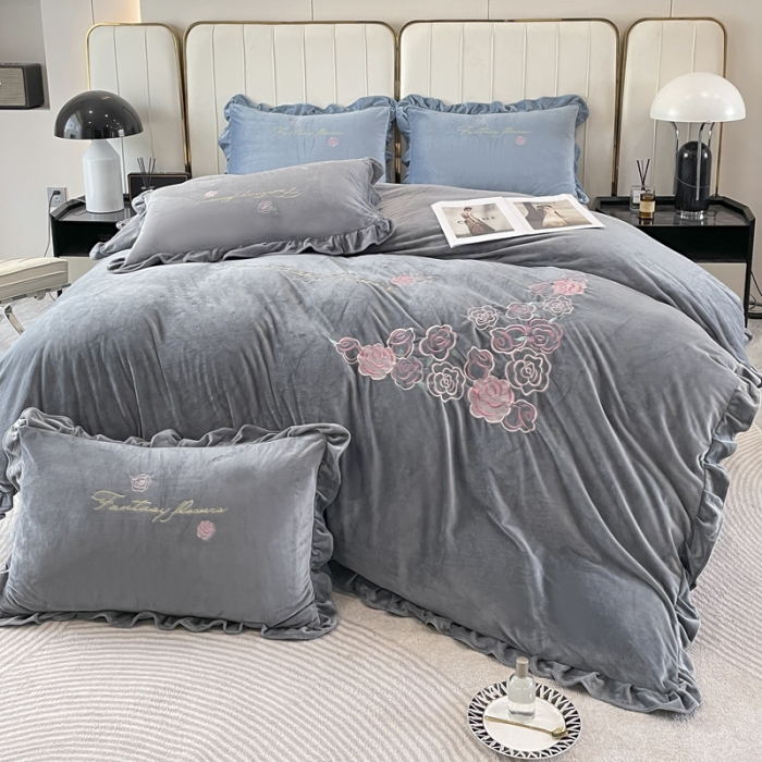 91家纺网 家纺一手货源 找家纺 金米诺 2024新款婴儿绒韩版床单绣花四件套 灰色