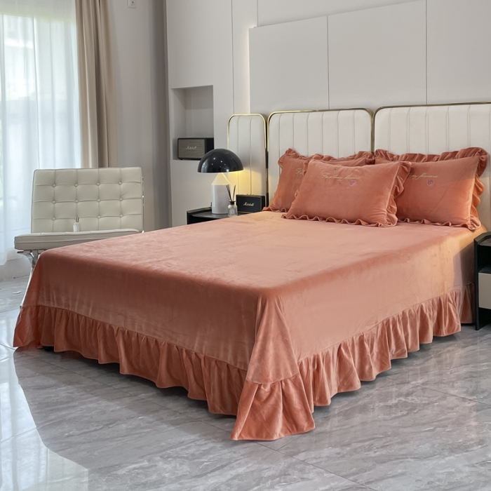 91家纺网 家纺一手货源 找家纺 金米诺 2024新款婴儿绒韩版床单绣花四件套 桔色