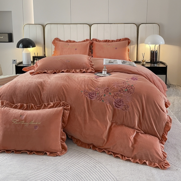 91家纺网 家纺一手货源 找家纺 金米诺 2024新款婴儿绒韩版床单绣花四件套 桔色