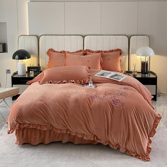 91家纺网 家纺一手货源 找家纺 金米诺 2024新款婴儿绒韩版床单绣花四件套 桔色