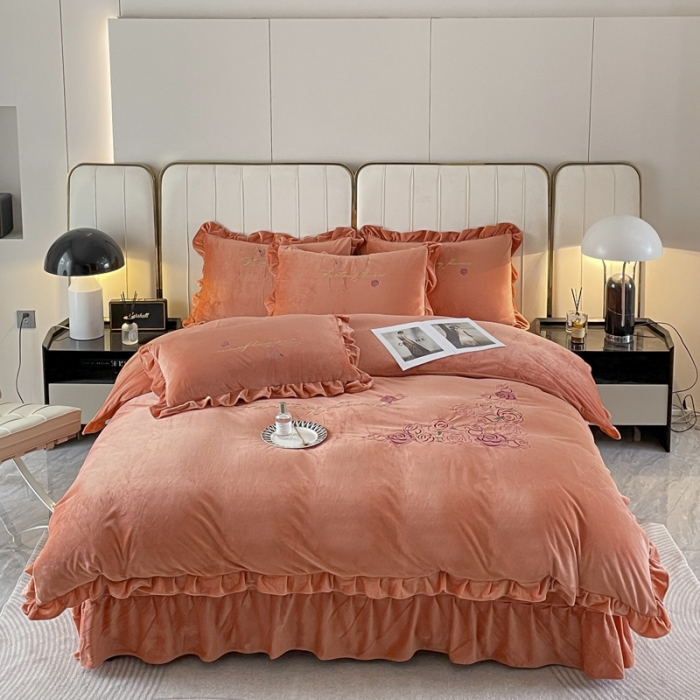 91家纺网 家纺一手货源 找家纺 金米诺 2024新款婴儿绒韩版床单绣花四件套 桔色