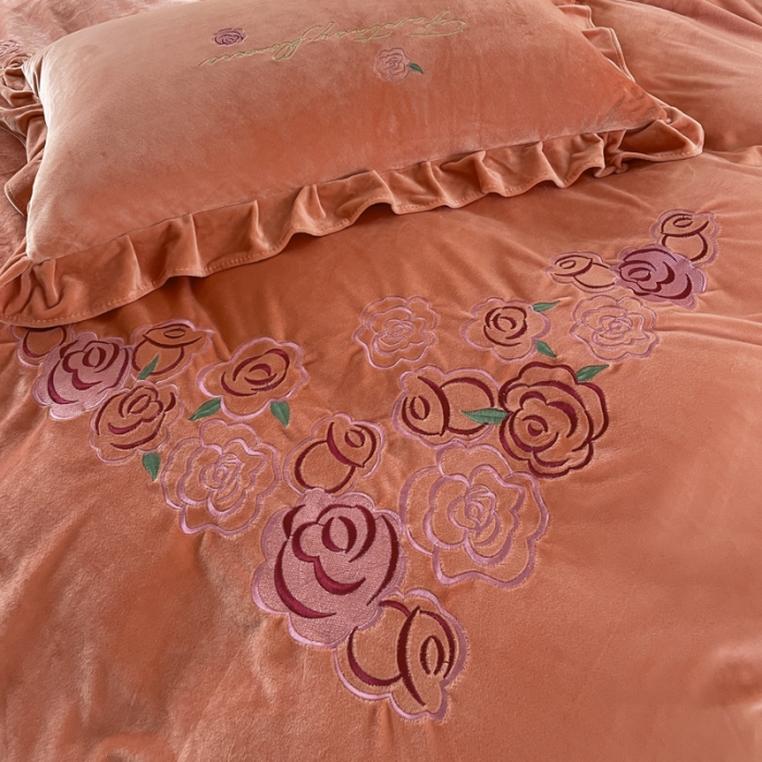 91家纺网 家纺一手货源 找家纺 金米诺 2024新款婴儿绒韩版床单绣花四件套 桔色