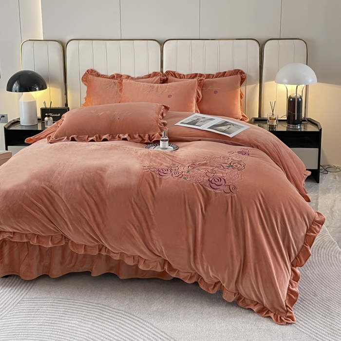 91家纺网 家纺一手货源 找家纺 金米诺 2024新款婴儿绒韩版床单绣花四件套 桔色