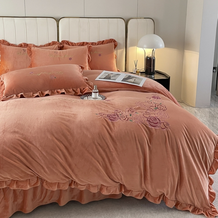 91家纺网 家纺一手货源 找家纺 金米诺 2024新款婴儿绒韩版床单绣花四件套 桔色