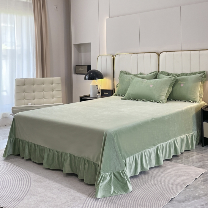 91家纺网 家纺一手货源 找家纺 金米诺 2024新款婴儿绒韩版床单绣花四件套 抹茶绿