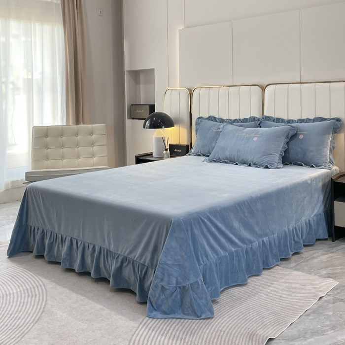 91家纺网 家纺一手货源 找家纺 金米诺 2024新款婴儿绒韩版床单绣花四件套 浅蓝