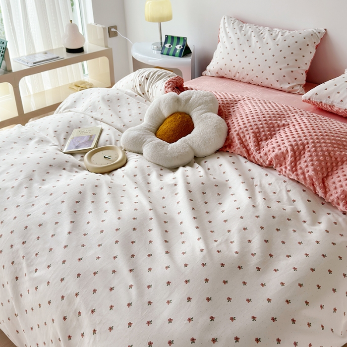 91家纺网 家纺一手货源 找家纺 怡家居 2023新款秋冬棉加豆豆绒印花四件套 粉花花