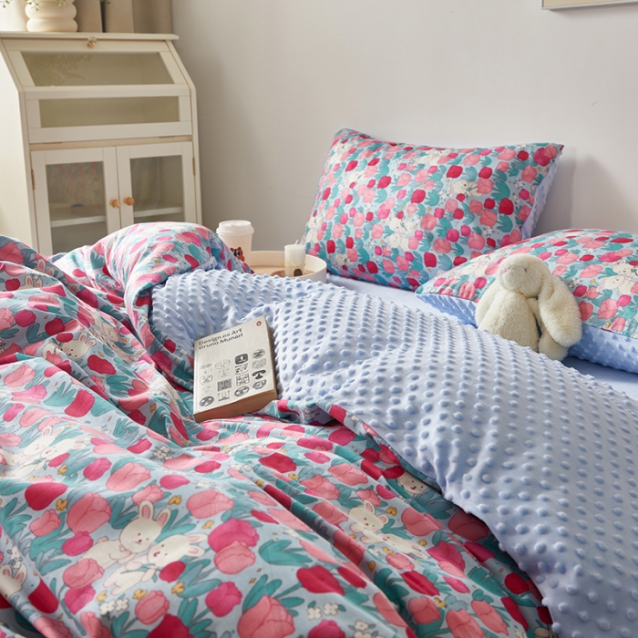 91家纺网 家纺一手货源 找家纺 怡家居 2023新款秋冬棉加豆豆绒印花四件套 开心兔