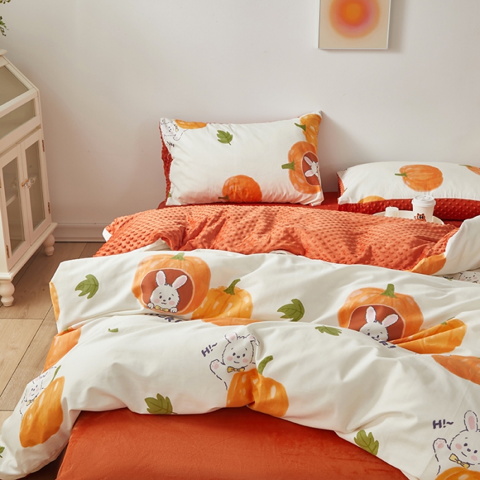 91家纺网 家纺一手货源 找家纺 怡家居 2023新款秋冬棉加豆豆绒印花四件套 南瓜兔