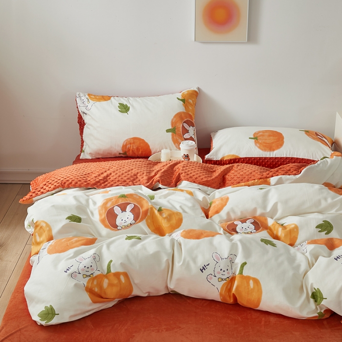 91家纺网 家纺一手货源 找家纺 怡家居 2023新款秋冬棉加豆豆绒印花四件套 南瓜兔